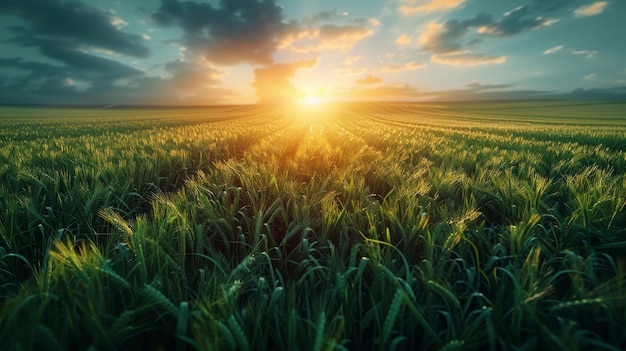 Zon ondergaat over het groene grasveld