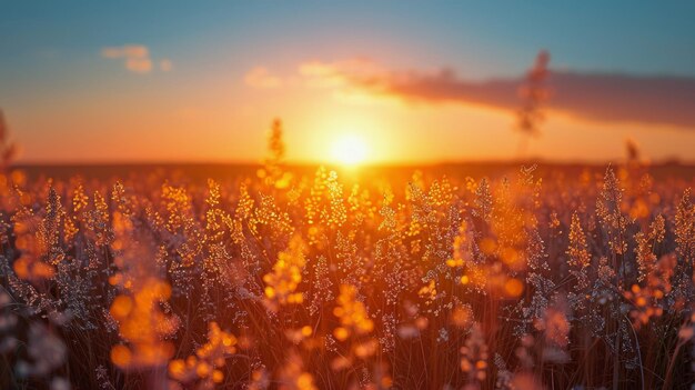 Zon ondergaat over het hoge grasveld