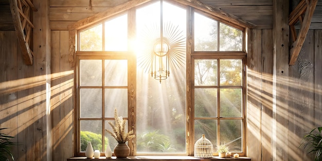 zon schijnt door een raam in een hut