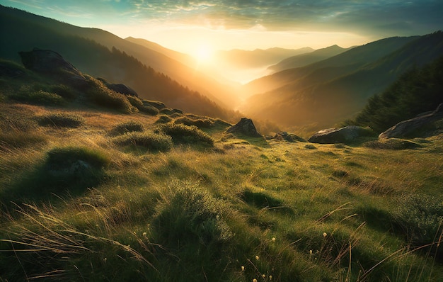 Zon stijgt boven een groene vallei met gras en wolken