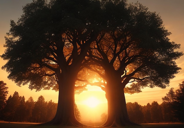 Zon tussen twee grote groene bomen.