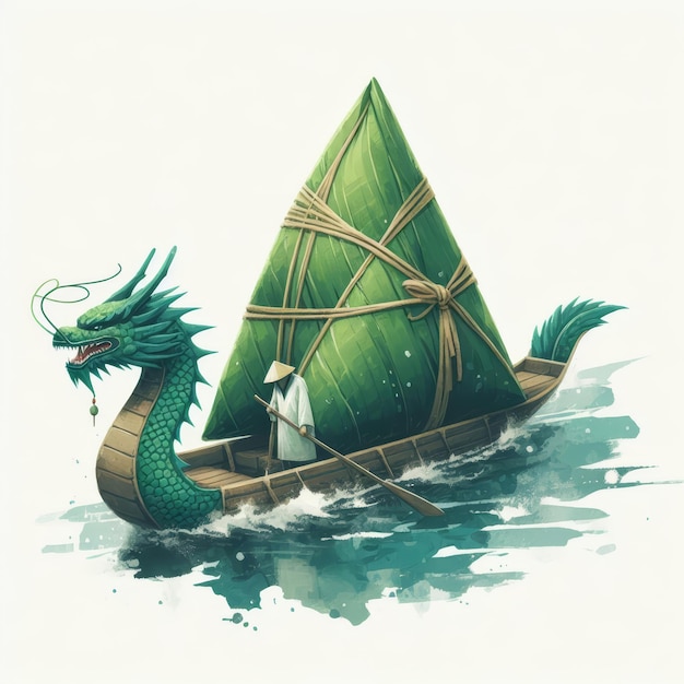 Photo zongzi minimalist illustration huge green zongzi on dragon boat