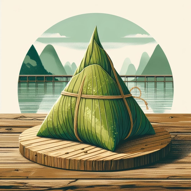 Zongzi minimalist illustration huge green zongzi on rustic wood table