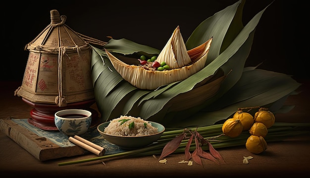 Zongzi Rice dumpling for Chinese traditional Dragon Boat Festival Duanwu Festival AI Generated