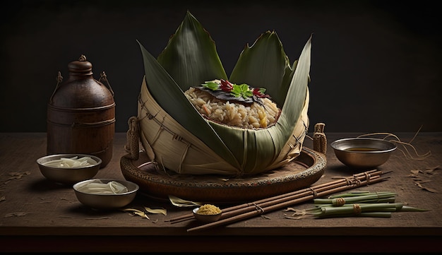 Zongzi Rice dumpling for Chinese traditional Dragon Boat Festival Duanwu Festival AI Generated