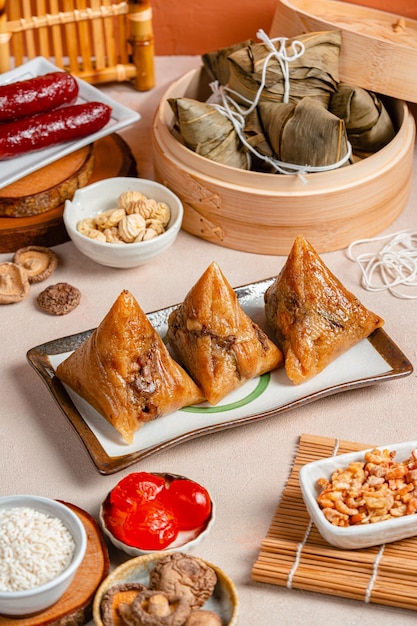 Рисовые клецки Zongzi для традиционного китайского фестиваля лодок-драконов Фестиваль Duanwu