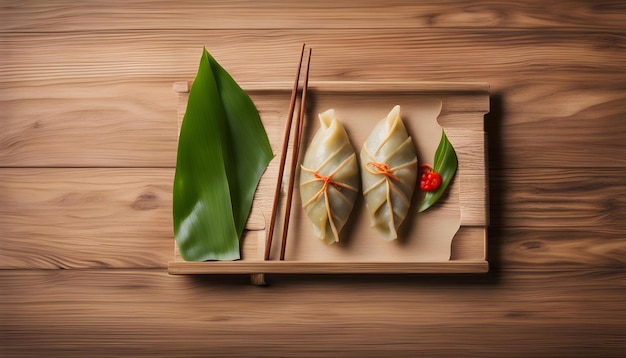 Zongzi traditional dragon boat festival dumpling isolated on wood background