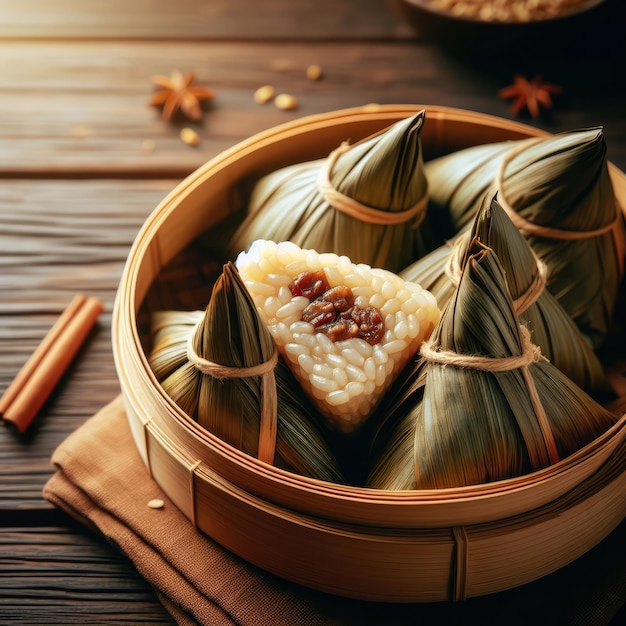 Foto zongzi wordt in een traditionele bamboe mand op de tafel geplaatst