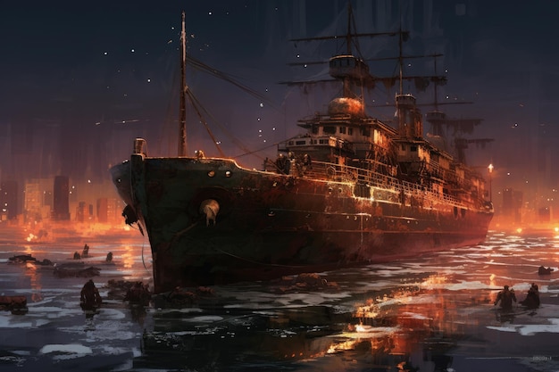 Zonken schip in de stad's nachts 3D rendering klein schip zee horror donkere digitale kunst disco elysium AI gegenereerd