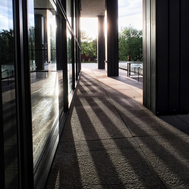 Foto zonlicht dat door architectonische zuilen in een gebouw valt