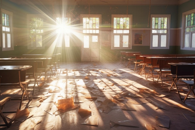 Foto zonlicht dat door verbrijzeld glas filtert in een spookachtige school gemaakt met generatieve ai