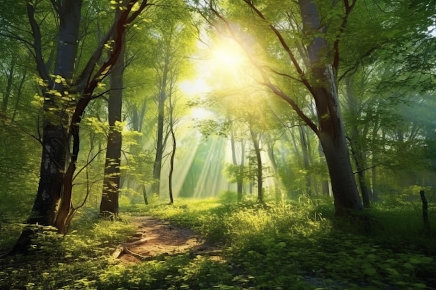 Zonlicht in het groene bos lentetijd 3d render