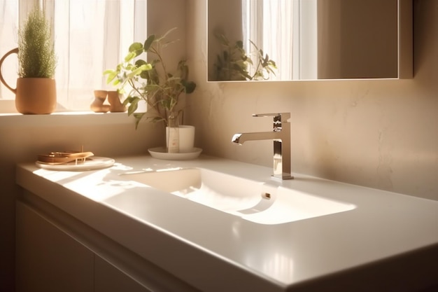 Zonlicht interieur kraan wastafel indoor badkamer huis ontwerp moderne luxe teller Generatieve AI
