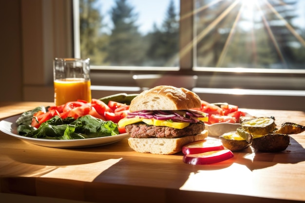 Zonlicht reflecteert op een gegrilde veggie burger op een tafel