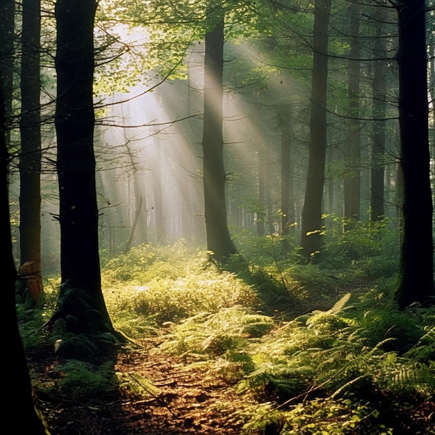 Zonlicht schijnt door de bomen in een bos met een pad generatief ai