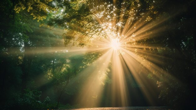 Foto zonlicht schijnt door de bomen op een zandweg generatieve ai