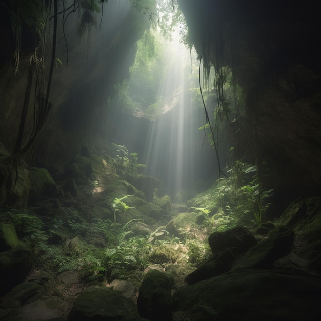Zonlicht schijnt door een grot in een jungle gevuld met groene planten generatieve ai
