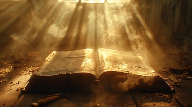 Foto zonlicht schijnt door een raam op een open boek op een houten vloer generatieve ai