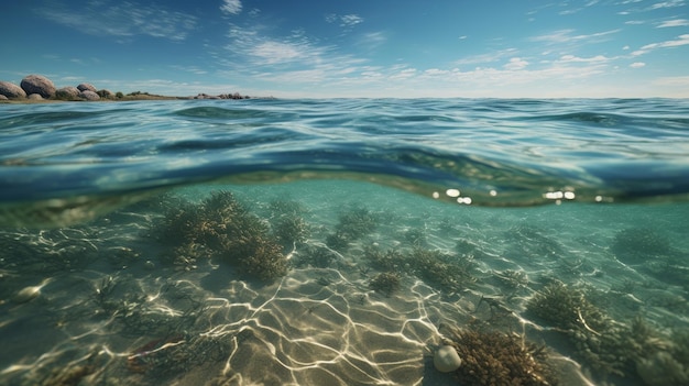 Zonlicht schijnt op het oppervlak van de blauwe oceaanzee met donkere wateren Generatieve ai