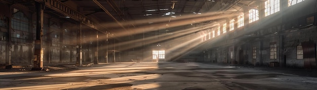 Zonlicht stroomt in een verlaten fabriek interieur Atmosfeer en humeurige locatie voor filmische