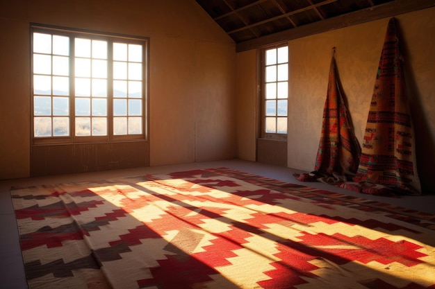 Zonlicht werpt schaduwen over een afgewerkt navajo-tapijt, gemaakt met generatieve ai