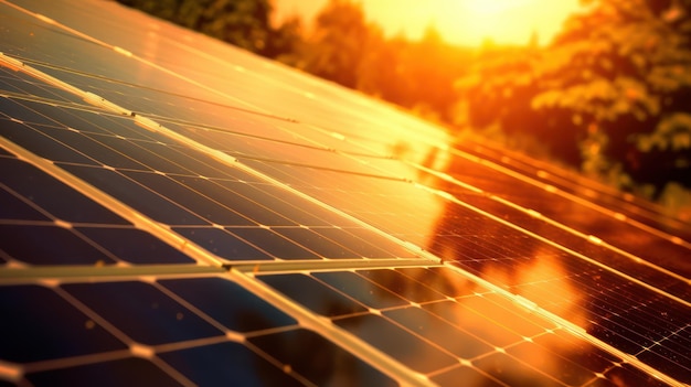 Zonne-energie energiepanelen voor hernieuwbare energie met uitzicht op de zonsondergang