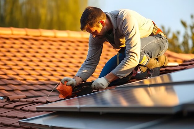 Zonne-energie-ingenieur die zonnepanelen op het dak installeert