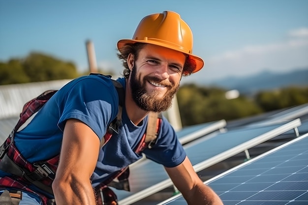 Zonne-energie-ingenieur die zonnepanelen op het dak installeert