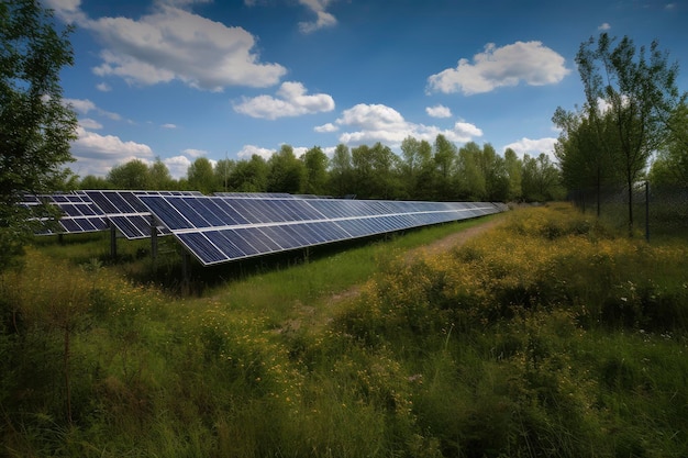 Zonne-energiepaneel fotovoltaïsche cel en windturbine boerderij stroomgenerator in natuurlandschap voor productie van hernieuwbare groene energie Schoon duurzaam ontwikkelingsconcept ai generatief