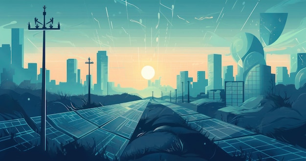 Zonne-energiepanelen in de stad bij zonsondergang Vectorstijlillustratie Generatieve AI