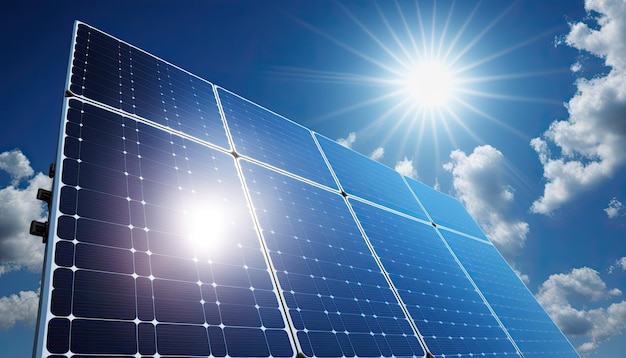 Zonne-energiepanelen onder een blauwe hemel Ecologische elektriciteit Generatieve AI