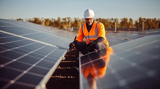 Zonne-energiewerker of ingenieur die met zijn tabletcomputer een nieuwe zonne-energiecentrale controleert