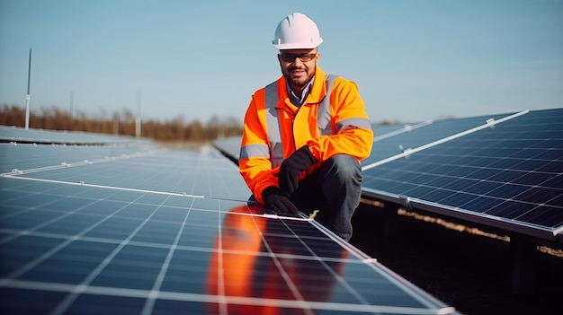 Zonne-energiewerker of ingenieur die met zijn tabletcomputer een nieuwe zonne-energiecentrale controleert