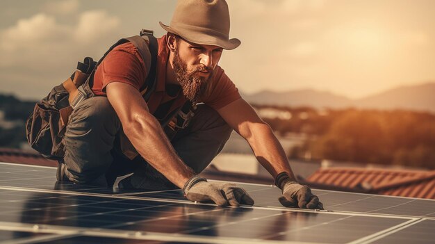 Zonne-ingenieurs installeren zonnepanelen op het dak.