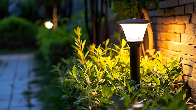 Zonne-LED-lamp die gloeit in de avondtuin