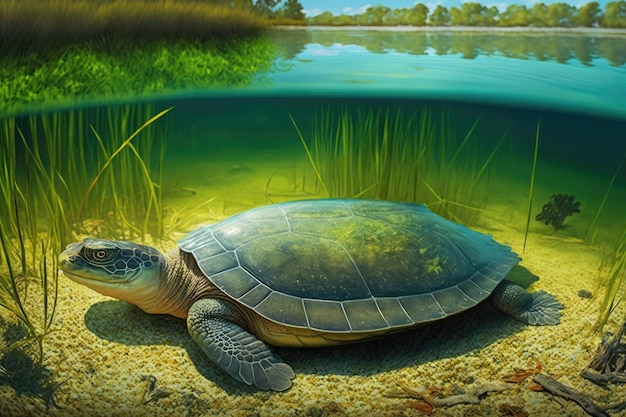 Zonnebaden op de met gras begroeide rand van een meer in Florida is een stekelige zeeschildpad