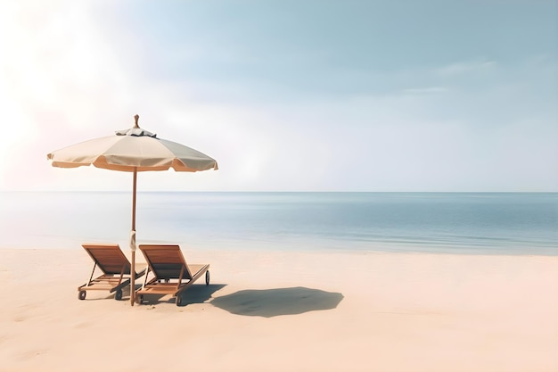 Zonnebank en parasol op een zandstrand kopiëren ruimte Generatieve AI 1