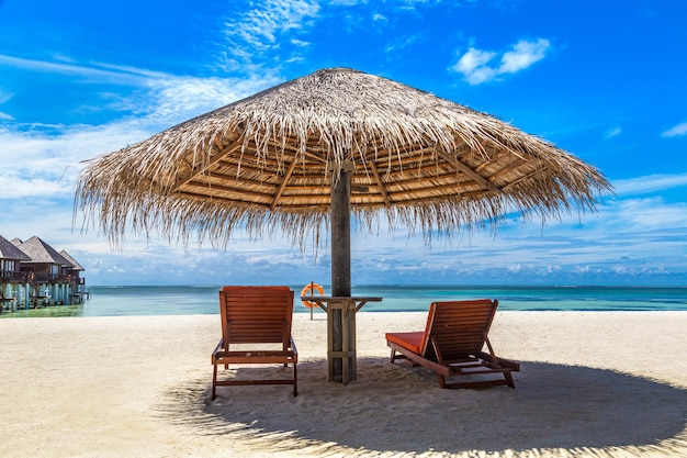 Zonnebank en parasol op tropisch strand in de Malediven