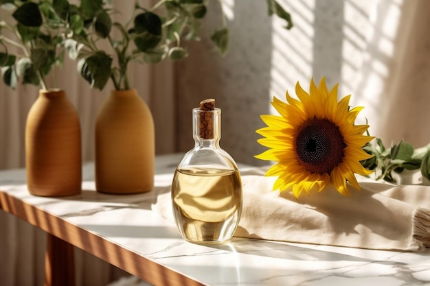 zonnebloem etherische olie fles met zonnebloem in een tafel