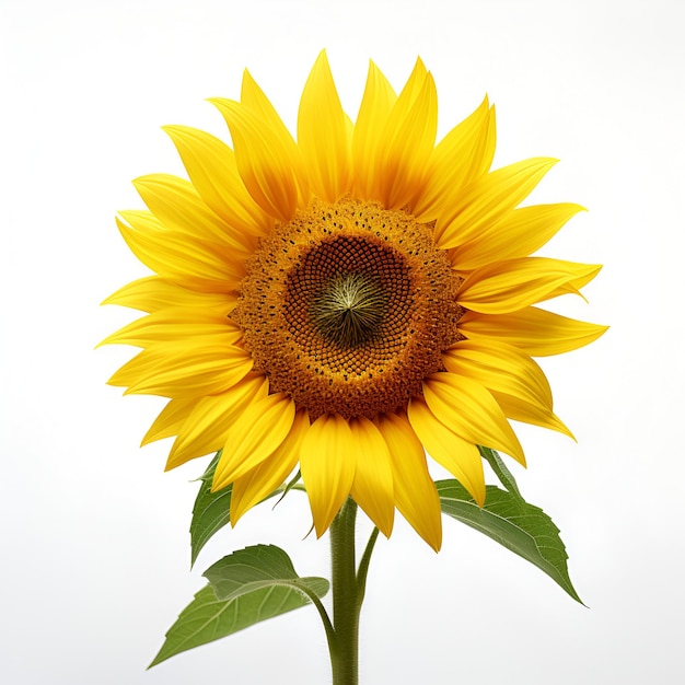 zonnebloem geïsoleerd op een witte achtergrond een gele bloem close-up met bladeren op de stengel