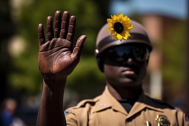 Foto zonnebloem met een paar handen die doen alsof ze een politieagent zijn die hem beschermt.