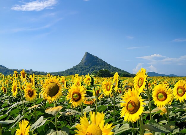 Zonnebloemen bloeien in het zonnebloemveld met grote bergen en blauwe hemelachtergrond