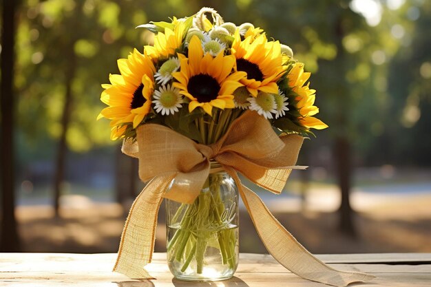 Foto zonnebloemen gerangschikt in een vintage mand