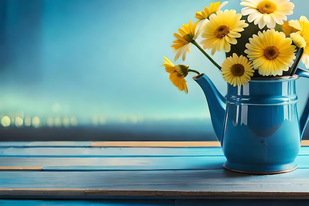 zonnebloemen in een blauwe gieter