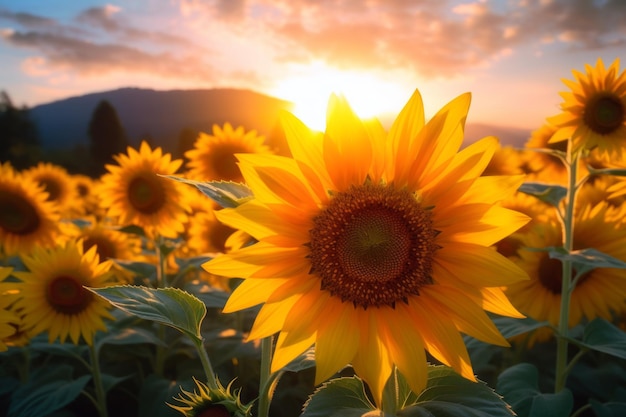 zonnebloemen in een veld bij zonsondergang met bergen op de achtergrond