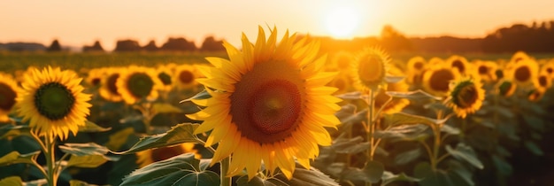 Zonnebloemen in een veld bij zonsondergang