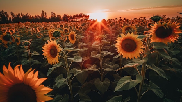 Zonnebloemen in een veld met de ondergaande zon achter hen