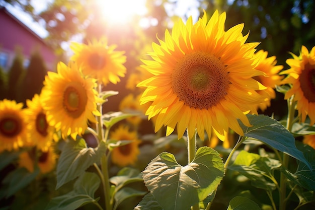 Zonnebloemen in een veld waar de zon op schijnt