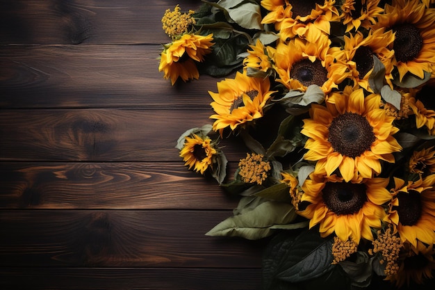 Foto zonnebloemen op een rustieke houten achtergrond bovenbeeld met kopieerruimte