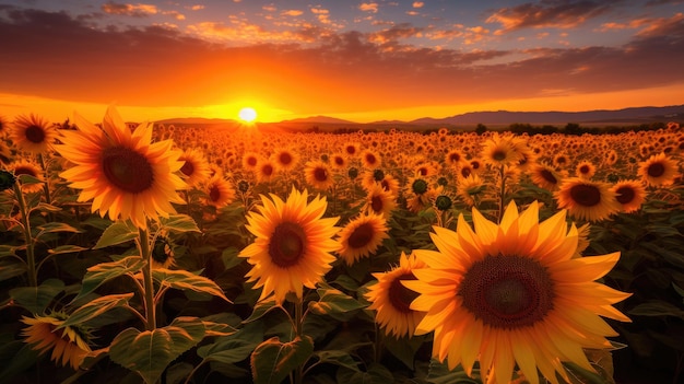 Zonnebloemen stralen onder het gouden licht van de ondergaande zon.